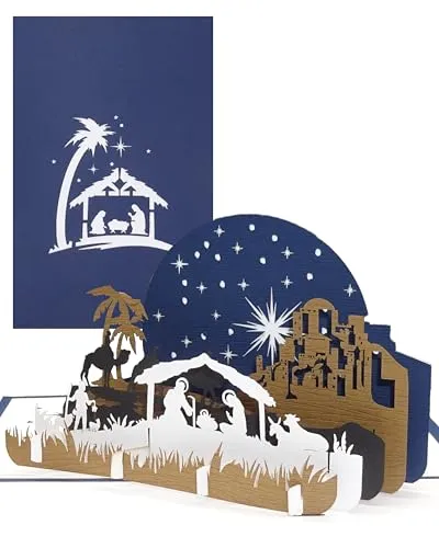 3D Weihnachtskarte „Heilige Familie – Weihnachten“, Edle Pop-Up Karte zu Weihnachten mit Krippe in Blau & Weiß