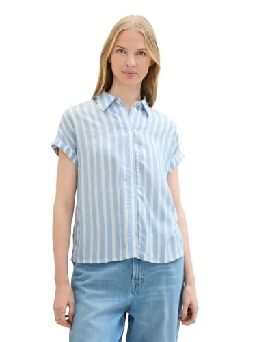 Tom Tailor Damen Kurzarm Bluse 'STRIPED' - Relaxed Fit in Weiß Blau - Modische Bluse für Damen im Relaxed Fit, aus 100% Viskose für optimalen Tragekomfort und stilvollen Auftritt in der Freizeit.