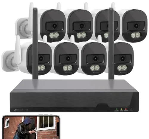 VisorTech Überwachungs-Kameras: Plug-&-Play-Überwachungssystem mit 8 Kameras & WLAN 6, hohe Reichweite (Outdoor-Überwachungskamera-Sets, Funk-Kamera mit Bildschirm, Videorecorder)