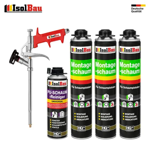 Pistolenschaum Set 3 x 750 ml mit Metall Schaumpistole - Dichtstoffe & Fugenmittel: Effizientes Angebot mit 3x PU-Schaum, 1x Reiniger und Metall Schaumpistole für schnelle, dauerhafte Abdichtungen und Isolierungen. Hohe Resistenz gegen Schimmel und beste Wärme- und Schalldämmung.