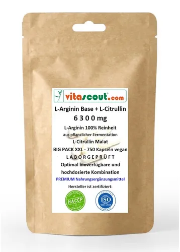 L-ARGININ BASE 100% + CITRULLIN 6300mg 750 Kapseln pflanzlich VEGAN LABORGEPRÜFT