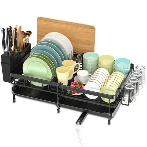 JEDWKFA Abtropfgestell Geschirr,Erweiterbares Abtropfgestell,Verstellbarer Geschirrabtropfkorb,mit Spülbecken mit Abtropffläche und Drehbarem Auslauf,tellerregal,Schwarz