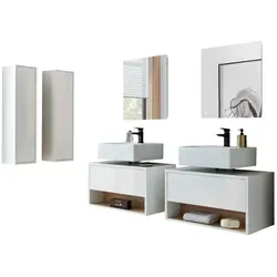 Furn.Design Badmöbel-Set Glide, Weiß Hochglanz & Eiche - 6-teiliges Badmöbel Set mit eleganter Kombination aus weißem Hochglanz und Eiche Dekor. Inklusive LED-Spiegeln und Push-to-Open-Fronten für modernes Design und komfortable Nutzung.