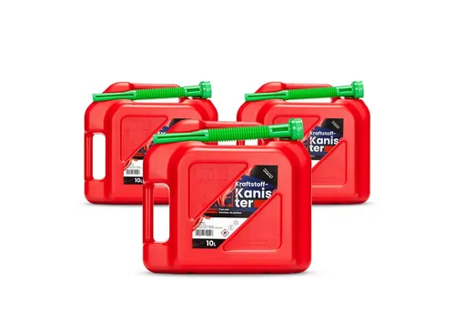 DQ-PP Benzinkanister DQ-PP 3x Kraftstoffkanister mit flexiblem Ausgießer, 10 Liter, Rot, Benzinkanister, Reservekanister, UN-Zulassung Dieselkanister