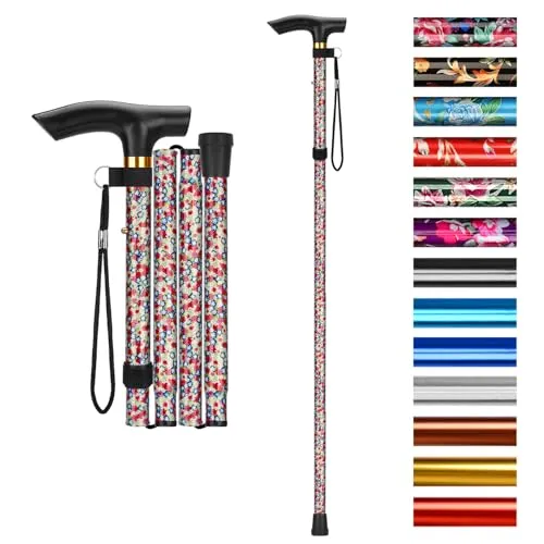 supregear Faltstock, 5-Stufig Höhenverstellbarer Gehstock Leichter Tragbarer Gehstock Reisestock mit Handschlaufe und T-Griff für Altere Behinderte Männer Frauen, Weiße Dichte Blütenpracht
