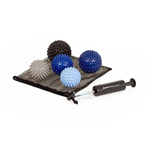 TheraPIE Massageball mit Noppen | Deluxe | Noppenball | Igelball | Härte kann selbst variiert werden | verschiedene Durchmesser (5er Set inkl. Pumpe)