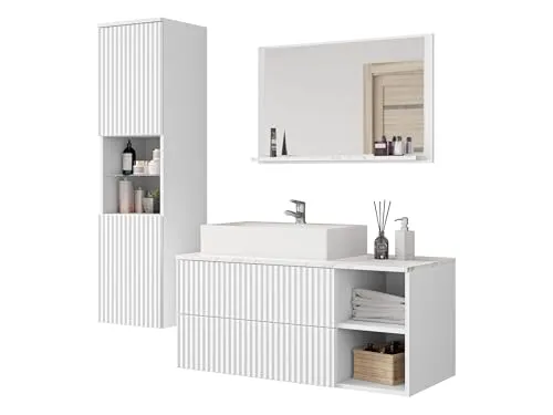 MIRJAN24 Badmöbel Kertos Rillen II, 4er-Set - Badezimmerschränke mit elegantem Marmor-Design und griffloser Push-to-Open-Funktion, ideal für stilvolle und funktionale Badezimmer.
