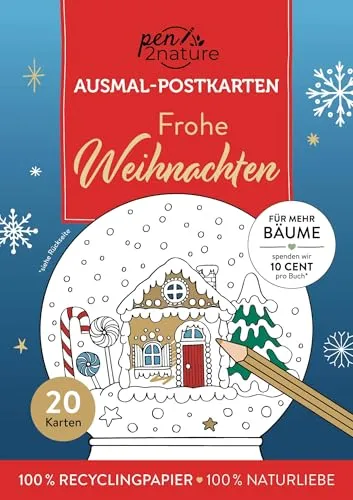 Frohe Weihnachten I 20 Ausmal-Postkarten: 100% Recyclingpapier I 100% Naturliebe I Weihnachtskarten