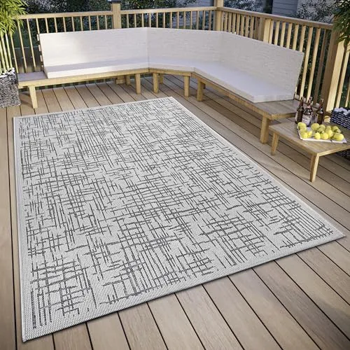 Hanse Home Telu In- & Outdoor Teppich Wetterfest – Modernes Muster, Wasserfest robuster Aussenteppich Flachgewebe für Garten, Balkon, Terrasse, Wohnzimmer – Beige Grau, 76x150cm