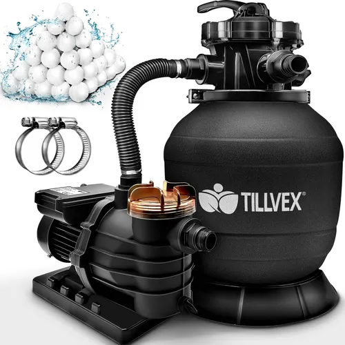 tillvex® Sandfilteranlage 13200L/h - Selbstansaugend für Pools bis 40.000L - Poolpumpen & Sandfilteranlagen mit 7-Wege Ventil, 1200g Filterbälle und einer Fördermenge von 13200L/h. Ideal für effiziente Poolreinigung und einfache Handhabung.