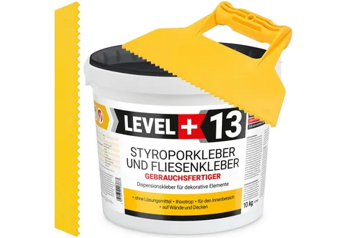 Styroporkleber Set 10kg - Korkkleber mit Dreieckzahnspachtel - Montagekleber für Styropor, Kork und Gipsplatten, thixotrop und gebrauchsfertig, ideal für Innenanwendungen in Wohnzimmer, Küche und Badezimmer.
