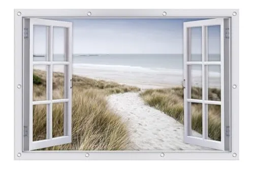 Produktbild artissimo XXL Garten-Poster 120x80cm PE6742-GP wetterfestes Outdoor-Poster, Strand Meer Fensterblick Gartenbild, maritime Wanddeko für draußen