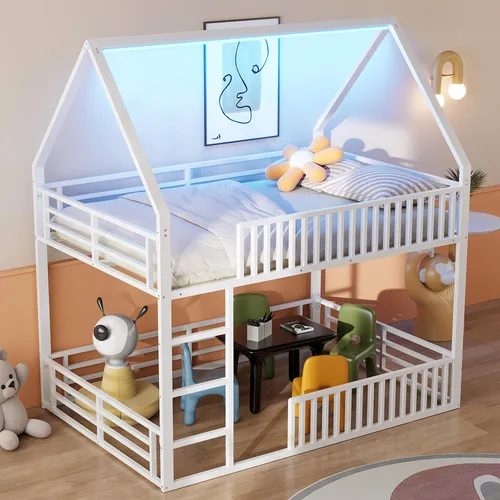 okwish Etagenbett 140x200 – Hausförmiges Design mit LED-Licht