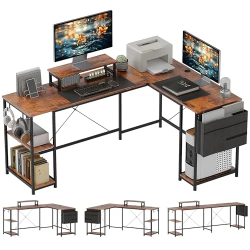 HOMCOM Computertisch Eckschreibtisch 168 x 120 cm - Computertisch mit umkehrbarem Design und Monitorständer, ideal für Büro und Heimbüro. Praktische Ablagefächer und eine stilvolle rustikal-braune Optik bieten Funktionalität und Ästhetik.