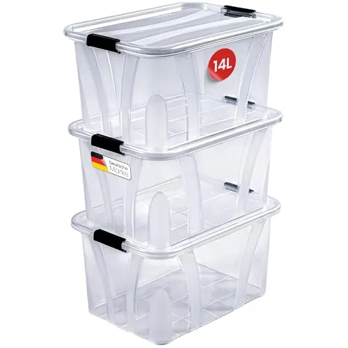 KONZEPT Aufbewahrungsbox mit Deckel (14L-3er Set) - BPA-frei, robust mit stabilen Verschlussclips und verstärktem Boden – ideal für vielseitige Aufbewahrung und platzsparendes Stapeln.