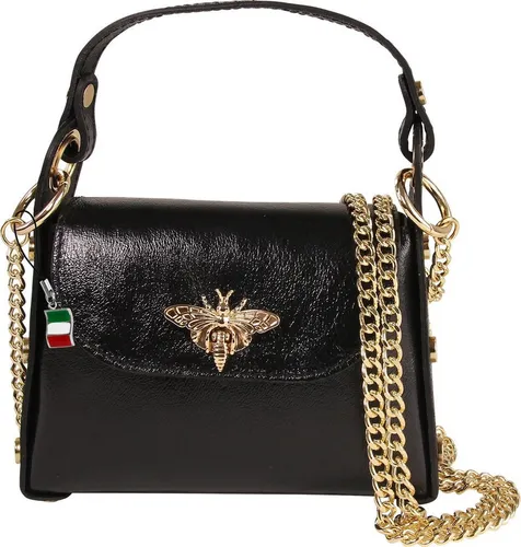FLORENCE Umhängetasche Biene Damen - Elegante Damen Umhängetasche aus hochwertigem Kalbsleder in schwarz metallic, ideal für stilbewusste Frauen. Kompakt und praktisch mit Schnappverschluss.