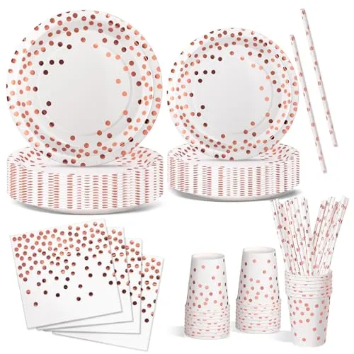 Nkaiso Partygeschirr 120 Stück Rotgold Kindergeburtstag Mädchen Party Deko Zubehör Set Papier Geschirrset einschließlich Pappteller Servietten für Party Hochzeiten Deko Jubiläums-24 Gäste