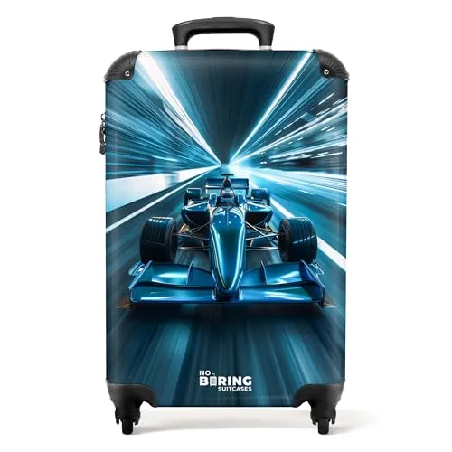 NoBoringSuitcases.com Kinderkoffer Rennwagen - Cyan-Blau - Kindergepäck: Leichter Handgepäck Koffer mit 55x40x20 cm, robust und umweltfreundlich, ideal für kleine Reisende. Integriertes Zahlenschloss für zusätzliche Sicherheit.