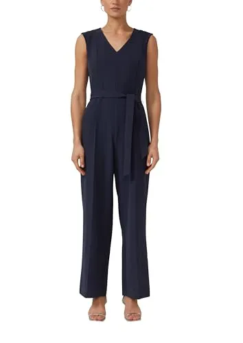 s.Oliver Ärmelloser Jumpsuit mit Bindegürtel - Eleganter, taillierter Jumpsuit mit V-Ausschnitt und Wide Leg. Pflegeleichte Crêpe-Webware, ideal für besondere Anlässe. Mit Stoffgürtel und praktischen Taschen, perfekt für einen femininen Business-Look.