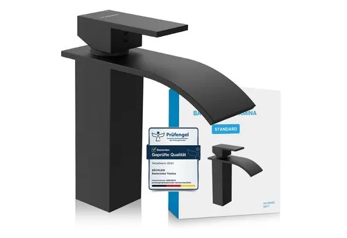 Bächlein Badarmatur Tamina - Wasserfall-Design Einhebelmischer - Touch-On-Wasserhähne für Badezimmerwaschbecken mit langlebiger Keramikkartusche für seidenweiches Öffnen und Schließen, inklusive Montage-Set und DVGW-geprüften Anschlussschläuchen.