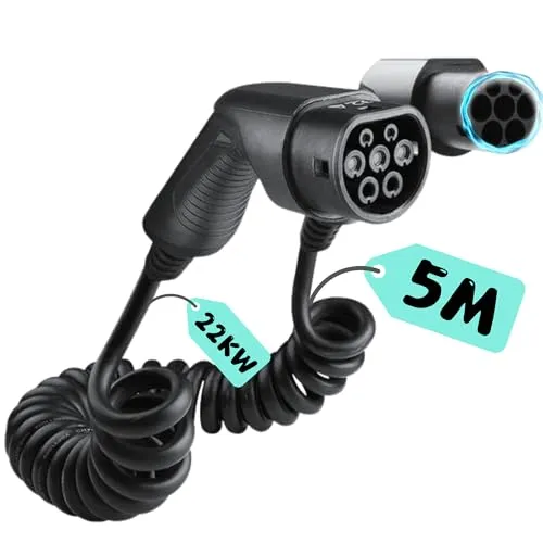 Loady Typ 2 Ladekabel Spiral - 22 kW, 5m Kabel für Elektrofahrzeuge - Wallboxen - Extra langes 5 Meter Kabel für schnelles Laden von EV/PHEV mit 22 kW, 2 Jahre Garantie für sorgenfreies Laden.
