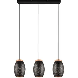 Reality Leuchten Pendelleuchte Bidar R31573080 - Stilvolle 3-flammige Pendelleuchte aus mattem Schwarz und naturbelassenem Holz, ideal für individuelle Raumgestaltung. Verstellbare Schirme bis 150cm Höhe, ohne Leuchtmittel.
