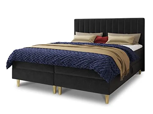 Sofnet Boxspringbett Gold mit 2 Bettkästen und Topper - Doppelbett, Bonell-Matratze, Polsterbett, Bett mit Matratzentopper, Schlafzimmer, Velours Stoff (Schwarz (Manila 18), 180 x 200 cm)