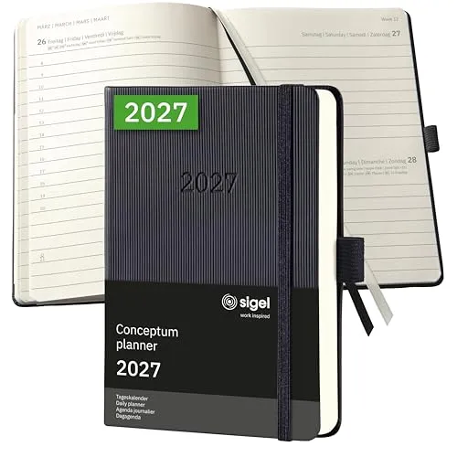 SIGEL C2711 Terminplaner Tageskalender 2027, A6, schwarz, Hardcover - Der Conceptum Tageskalender 2027 bietet ein elegantes Design und praktische Funktionen für den Arbeitsalltag. Mit 400 Seiten, Gummiband und Archivtasche ist er der perfekte Begleiter für Ihre Termine.
