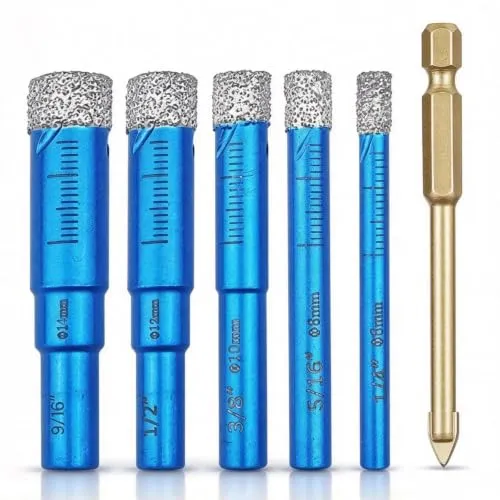 Dalephoric 6 Stück Fliesenbohrer Diamantbohrer Glasbohrer Set | 6,8,10,12,14mm Keramikbohrer und 6 mm Karbid Anbohrer, Fliesenbohrer für Keramik, Granit, Glas, Porzellan, Fliesen