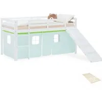 Homestyle4u Hochbett in Grün und Weiß, 90x200 cm - Stilvolles Hochbett für Kinderzimmer, mit stabilem Lattenrost und sicherem Rundumschutz. Ideal für kreativen Schlafplatz mit Rutsche und abnehmbaren Stoffvorhang in verschiedenen Grüntönen.