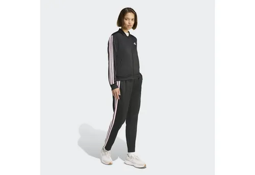 adidas Women's ESSENTIALS 3-STRIPES TRACKSUIT - Schwarz/Rosa, XS - Stylischer Trainingsanzug mit durchgehendem Reißverschluss, elastischem Bund und Taschen. Ideal für Sport und Freizeit, aus 100 % recyceltem Polyester gefertigt.