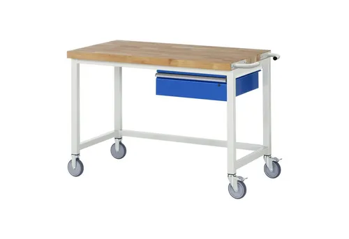 Rau Fahrbare Werkbank mit Schublade 1250x700x880mm - Rollwerkbank aus massivem Buchenholz mit 450 kg Tragkraft, ideal für Werkstätten. Robuste Bauweise und umweltfreundlicher Oberflächenschutz machen sie zum perfekten Begleiter für jedes Projekt.