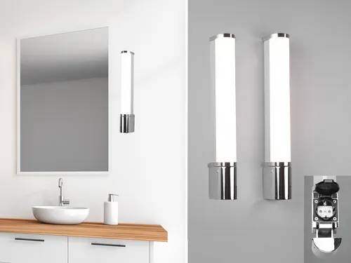 2er Set Badezimmer Wandleuchten mit Steckdose & Schalter in Silber Chrom - Lampen für Badezimmer & Feuchträume, mit IP44-Schutz, 850 Lumen warmweißes Licht und integrierter Steckdose für mehr Komfort.