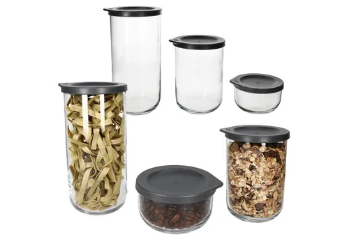 Ritzenhoff & Breker 6tlg Set Boho Vorratsdosen rund Anthrazit - Frischhaltedosen Set mit 6 stapelbaren Dosen in verschiedenen Größen, aus Glas mit BPA-freiem Kunststoffdeckel, hält Lebensmittel länger frisch und ist spülmaschinengeeignet.