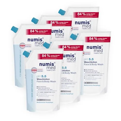 numis med Waschlotion ph 5.5 - 6x Hautberuhigende Körperlotion für empfindliche Haut - Duschgel für sehr empfindliche Haut, mit veganer Formel ohne Silikone und Parabene, stabilisiert den Säureschutzmantel und sorgt für geschmeidige Haut.