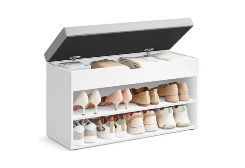 VASAGLE Schuhbank mit Sitzkissen, 3 Ebenen, 30 x 80 x 44 cm, Weiß-Grau - Praktische Schuhbank mit bequemem Sitzkissen für mehr Ordnung im Flur. Bietet Platz für Schuhe und Accessoires, gefertigt aus hochwertigen Materialien für eine langlebige Nutzung.