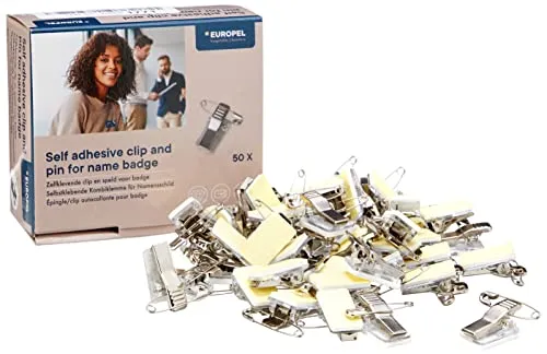 EUROPEL Kartenhalter mit selbstklebender Krokodilklemme & Nadel, Kombiklemme, ID & Namensschild-Klemmen für Schule, Büro & Veranstaltungen (50er Pack), 121266