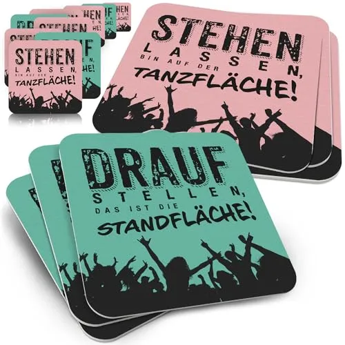50x lustige Bierdeckel mit Sprüchen – Party & Hochzeits-Untersetzer quadratisch, rosa/grün, beidseitig Bedruckt – Spaßgarant für Geburtstagsfeier, Tanzfläche & Standfläche – Funke & Brand