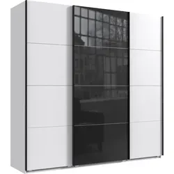 Schwebetürenschrank Kleiderschrank B225 cm extra H236 cm 3-türig Weiß, 1x Tür Glas Schwarz / 22543 - Weiß
