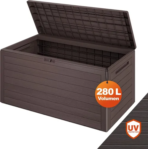 Casaria Auflagenbox Woody 280L - Moderne Gartenbox in Holz-Optik, UV-beständig und abschließbar. Mit 280L Stauraum für Sitzauflagen und mehr – ideal für Garten, Balkon oder Terrasse.