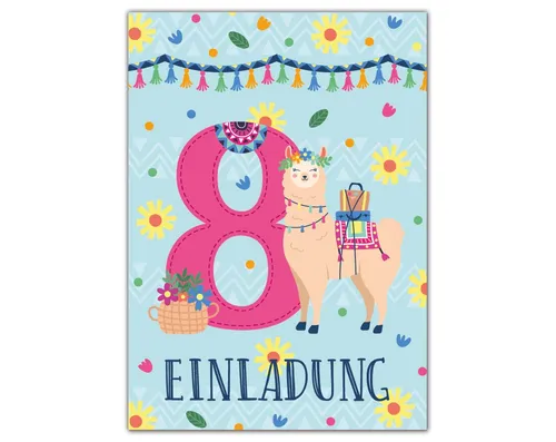 JUNAPACK Einladungskarten Lama Einladungen zum 8. Kindergeburtstag Karten Mädchen Alpaka Tiere, Einladungskarten mit einem Lama Tiere zum achten Geburtstag