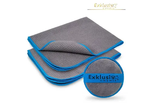 Exklusiv Chemie GmbH Q5 Waffeltücher Mikrofasertuch (50 x 40 cm - 320 GSM, 2-tlg., 2x Waffeltuch + 1x Handpolierschwamm, Streifenfreie Scheibenreinigung)