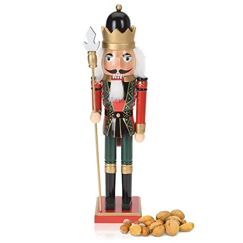 com-four® Dekofigur Nussknacker mit Stab - Weihnachtsdeko in Form eines traditionellen Nussknackers - Deko-Nussknacker im klassischen Design (XL - Stab silberfarben)