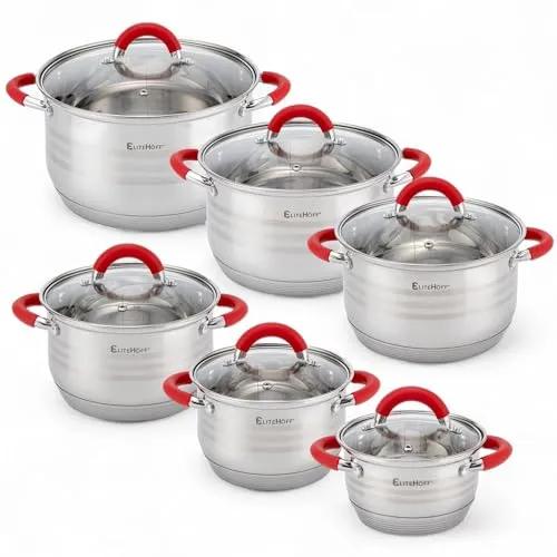 EliteHoff 12-teiliges Topfset Induktion – Edelstahl Kochtöpfe mit Glasdeckeln und Silikongriffen