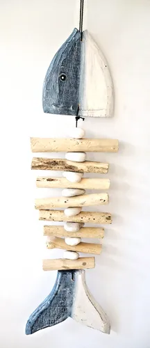 Deko Fisch Holz Hänger 60 cm Maritim Fischgräte Skelett Mobile Wanddeko Skulptur