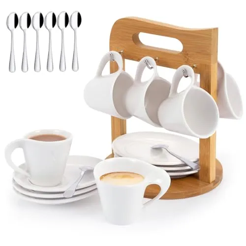 JUJOYBD Espressotassen Set mit Holz Tassenständer, 6x 80ml Porzellan Espresso Tassen dickwandig mit Untertassen Set, Mokkatassen Kaffeeservice für 6 Personen