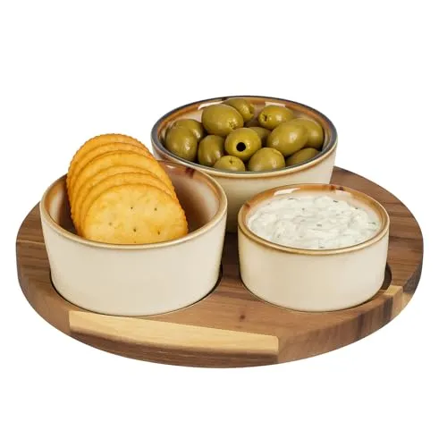 Murago - Tapas Snackplatte Rustico Cream 4tlg Set - Akazienholz Keramik Snack Schalen Teller Platte Brett rund Serviertablett Schälchen Servierrschale Dips Vorspeisen Oliven Süßigkeiten Nüsse
