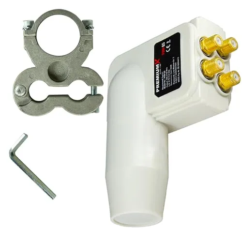 Premium X LNB Quad Weiß für 4 Teilnehmer mit Universal Adapter - LNB für Technisat Antennen, ideal für bis zu 4 Teilnehmer. Integrierter Wetterschutz und hohe Kompatibilität für alle gängigen TV-Formate von HD bis 8K.