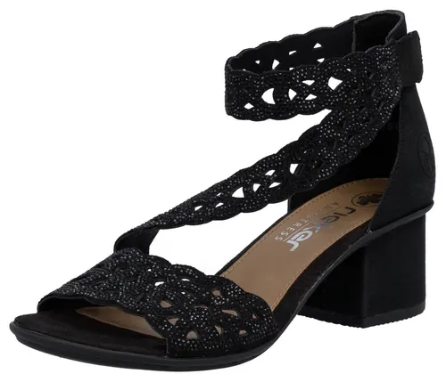 Rieker Damen Sandale mit Fesselriemen - Elegante Sandale in Schwarz mit modischem Blockabsatz (ca. 5,1 cm) und praktischen Klettverschluss. Die feinen Cut-Outs und der Strassbesatz verleihen Ihrem Look eine exklusive Note, ideal für besondere Anlässe.