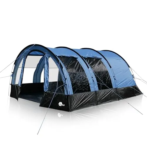your GEAR Zelt Mistral - Familienzelt für 4 oder 6 Personen mit UV-Schutz - Geräumiges Tunnelzelt mit 9,1 m² Wohnfläche und Stehhöhe, ideal für Familien. Schneller Aufbau dank 4-Bogen-System und wetterfestem Material mit 3000 mm Wassersäule.